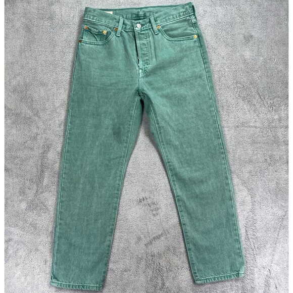 Levis 501 Crop Jeans Womens 28x26 Green Denim Cotton Rare Straight Leg High Rise - Picture 1 of 16